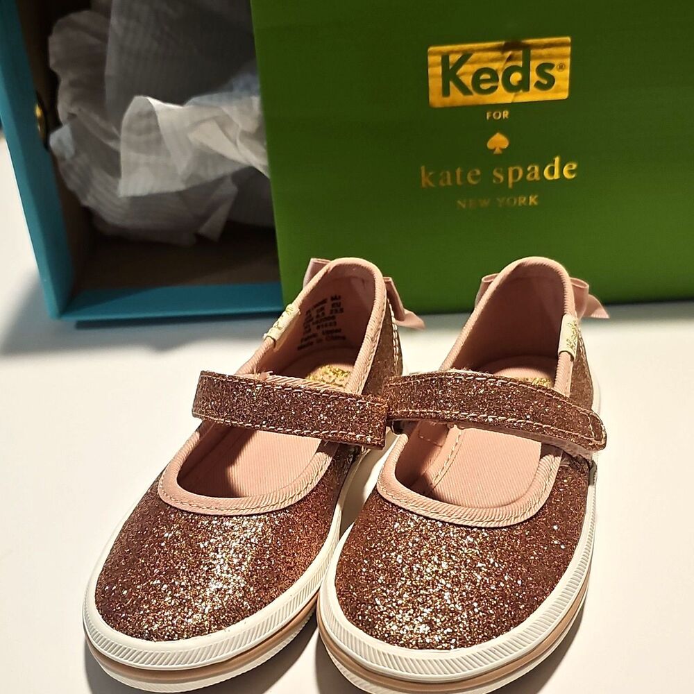 Keds Kate Spade Girls 7.5 Glitter Mary Jane Flower Girl Rose Gold Sneaker NIB